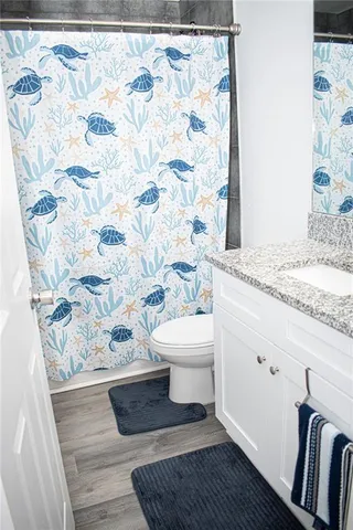 a bathroom with a granite countertop sink and a toilet