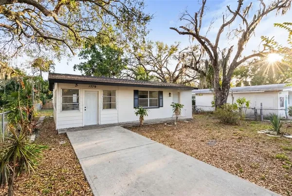 a front view of a house with a yard covered with trees