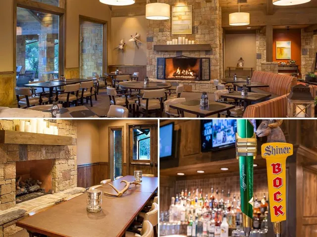 a outdoor dining area with chairs and a fireplace