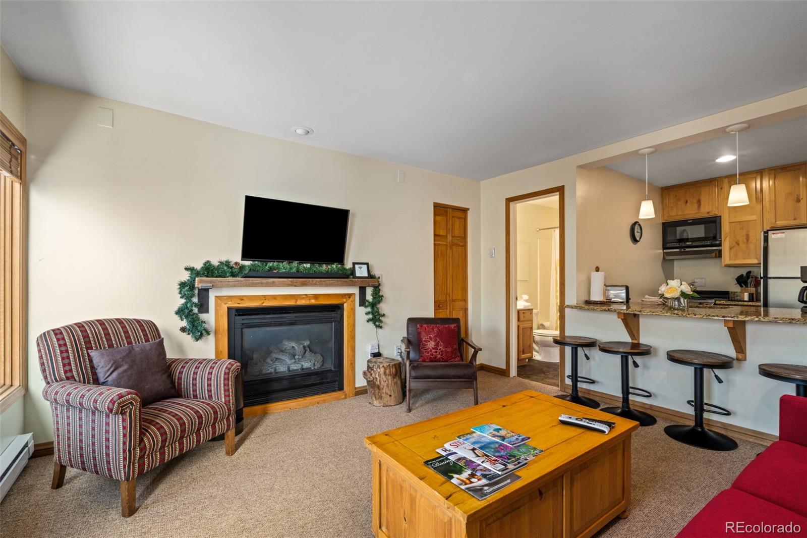 1800 Burgess Creek Road, Unit 205 Steamboat Springs, CO 80487 - Photo 4 of 28 a living room with furniture a flat screen tv and a fireplace