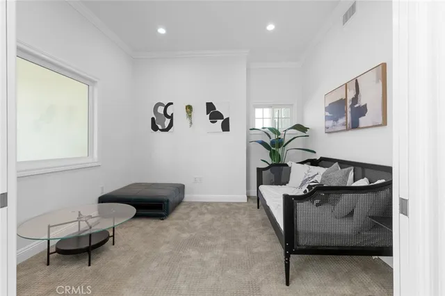 a view of a livingroom with furniture and storage