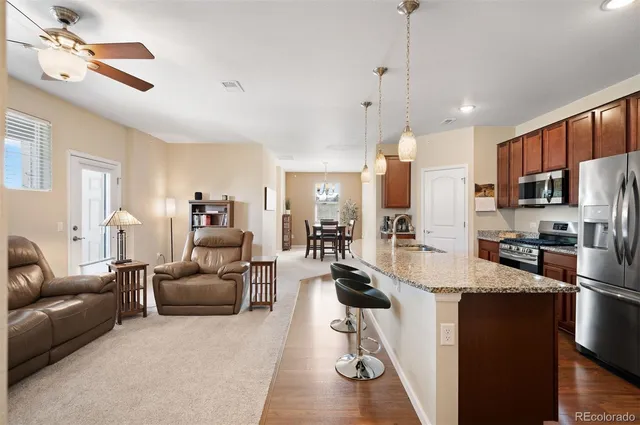 a very nice looking living room with stainless steel appliances furniture a rug and a view