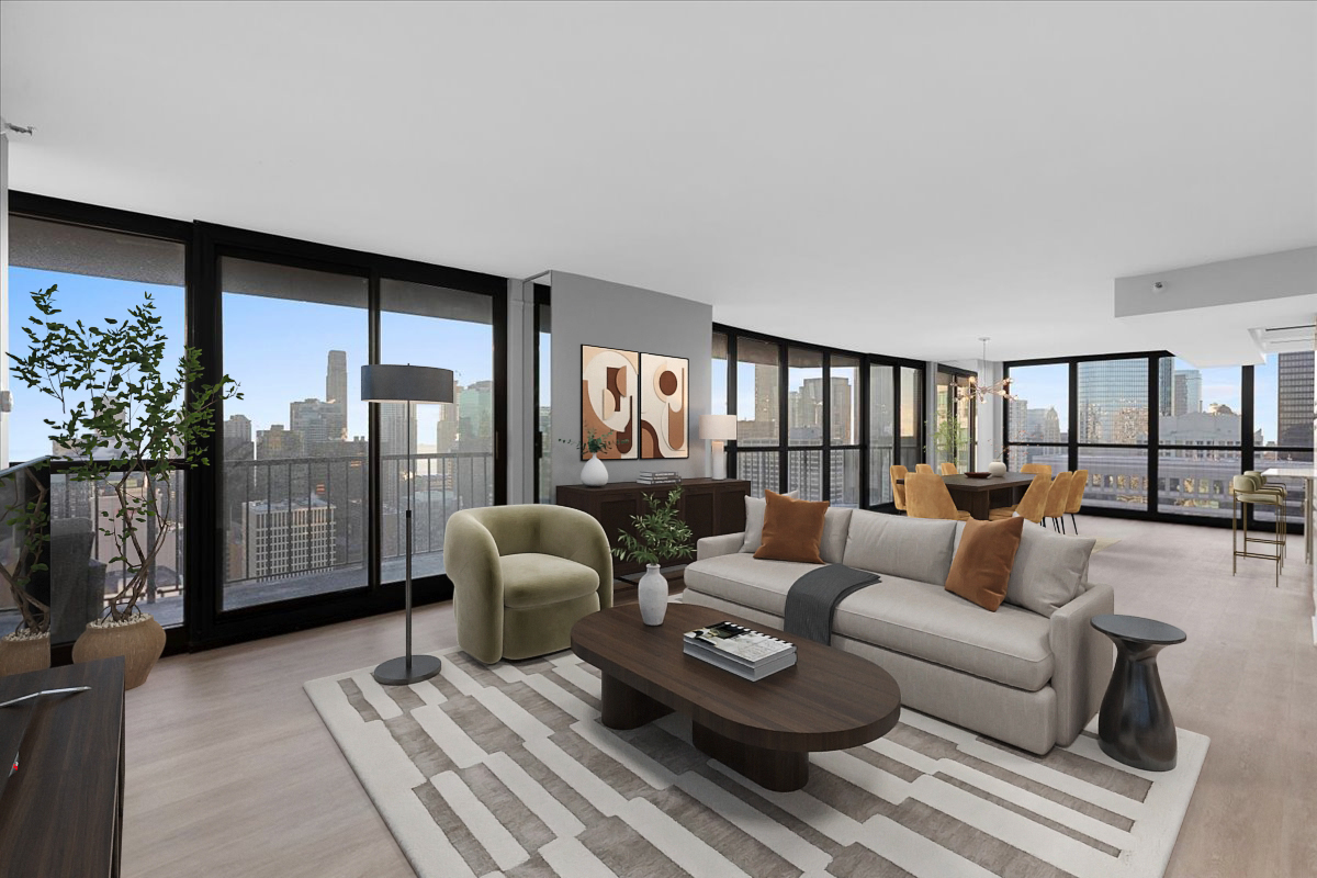 10 East Ontario Street, Unit 480102 Chicago, IL 60611 - Photo 13 of 41 a living room with furniture and a floor to ceiling window