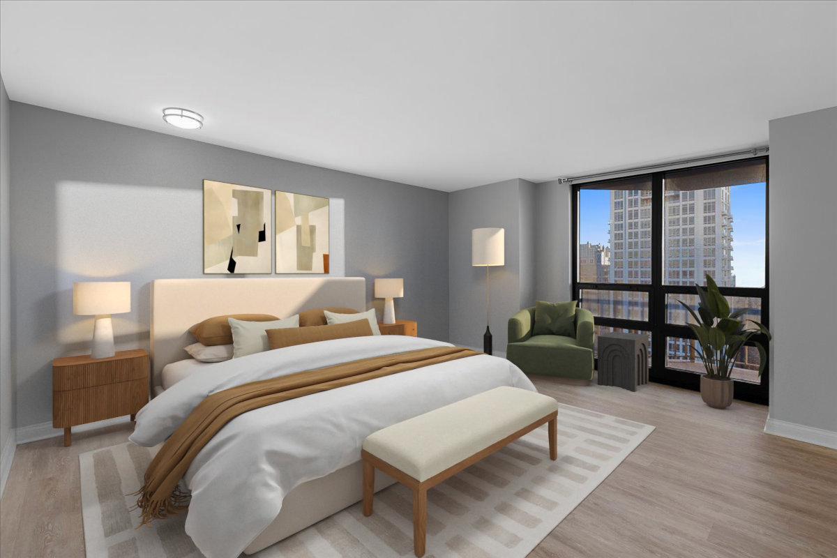 10 East Ontario Street, Unit 480102 Chicago, IL 60611 - Photo 20 of 41 a bedroom with a large bed and a large window