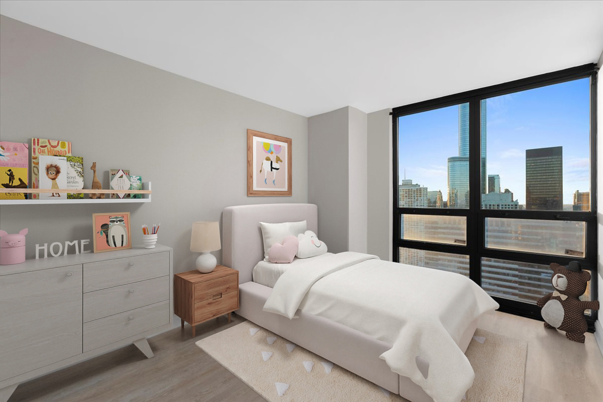 10 East Ontario Street, Unit 480102 Chicago, IL 60611 - Photo 29 of 41 a bedroom with a bed and a large window