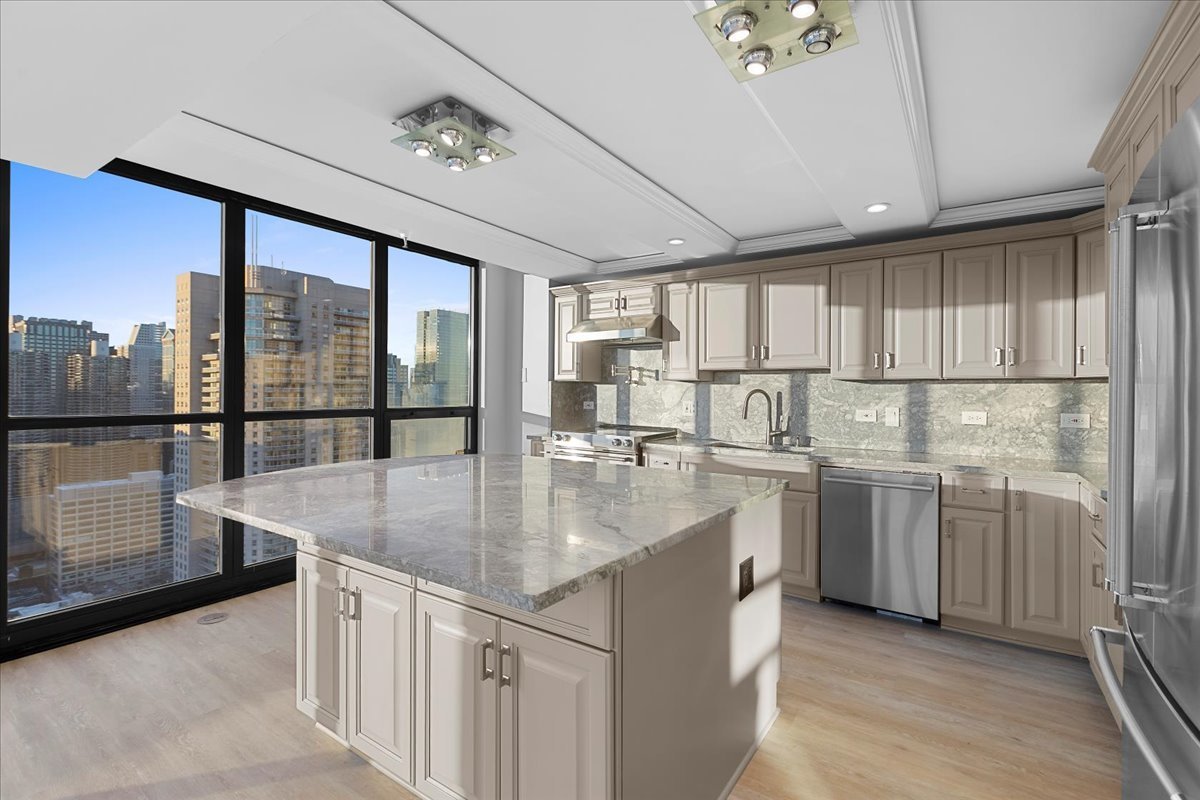 10 East Ontario Street, Unit 480102 Chicago, IL 60611 - Photo 5 of 41 a kitchen with kitchen island granite countertop a large window cabinets and stainless steel appliances