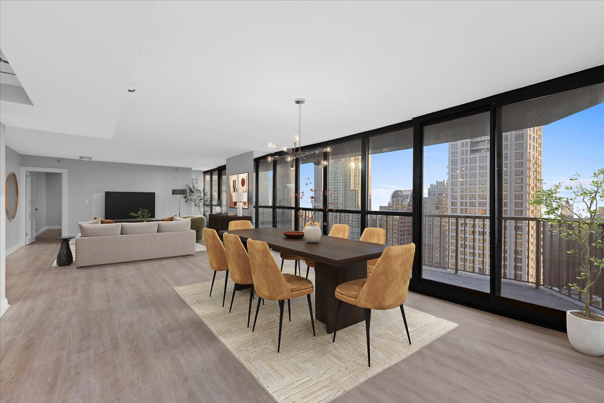 10 East Ontario Street, Unit 480102 Chicago, IL 60611 - Photo 9 of 41 a living room with furniture a flat screen tv and a large window