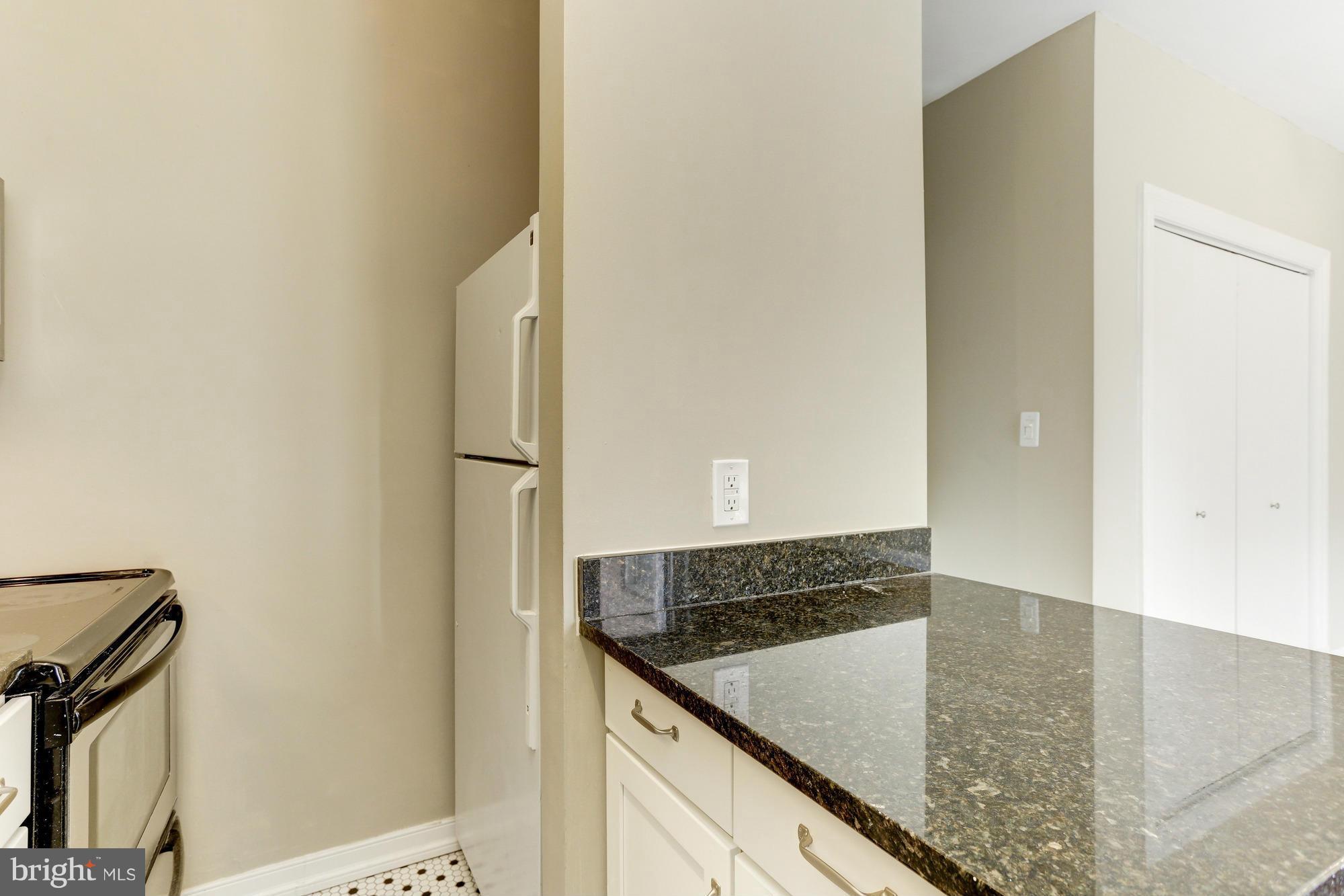 1954 Columbia Road Northwest, Unit 408 Washington, DC 20009 - Photo 9 of 12 a kitchen with granite countertop a sink and a refrigerator