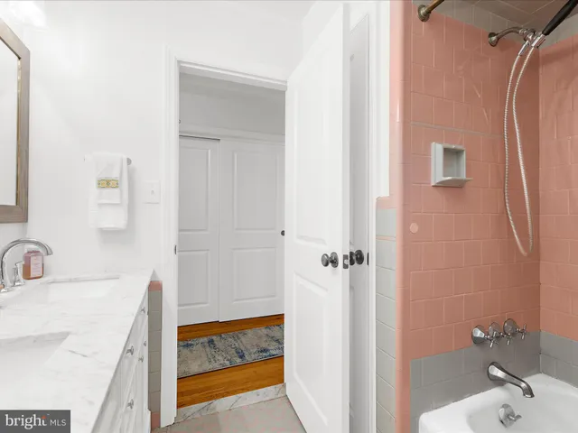 a bathroom with a tub shower vanity and a sink