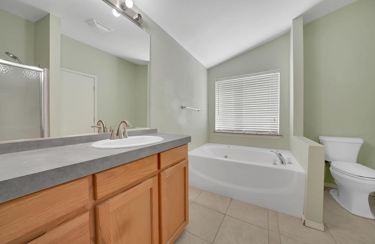 3155 Hawver Road San Andreas, CA 95249 - Photo 20 of 62 a bathroom with a granite countertop sink a toilet and bathtub