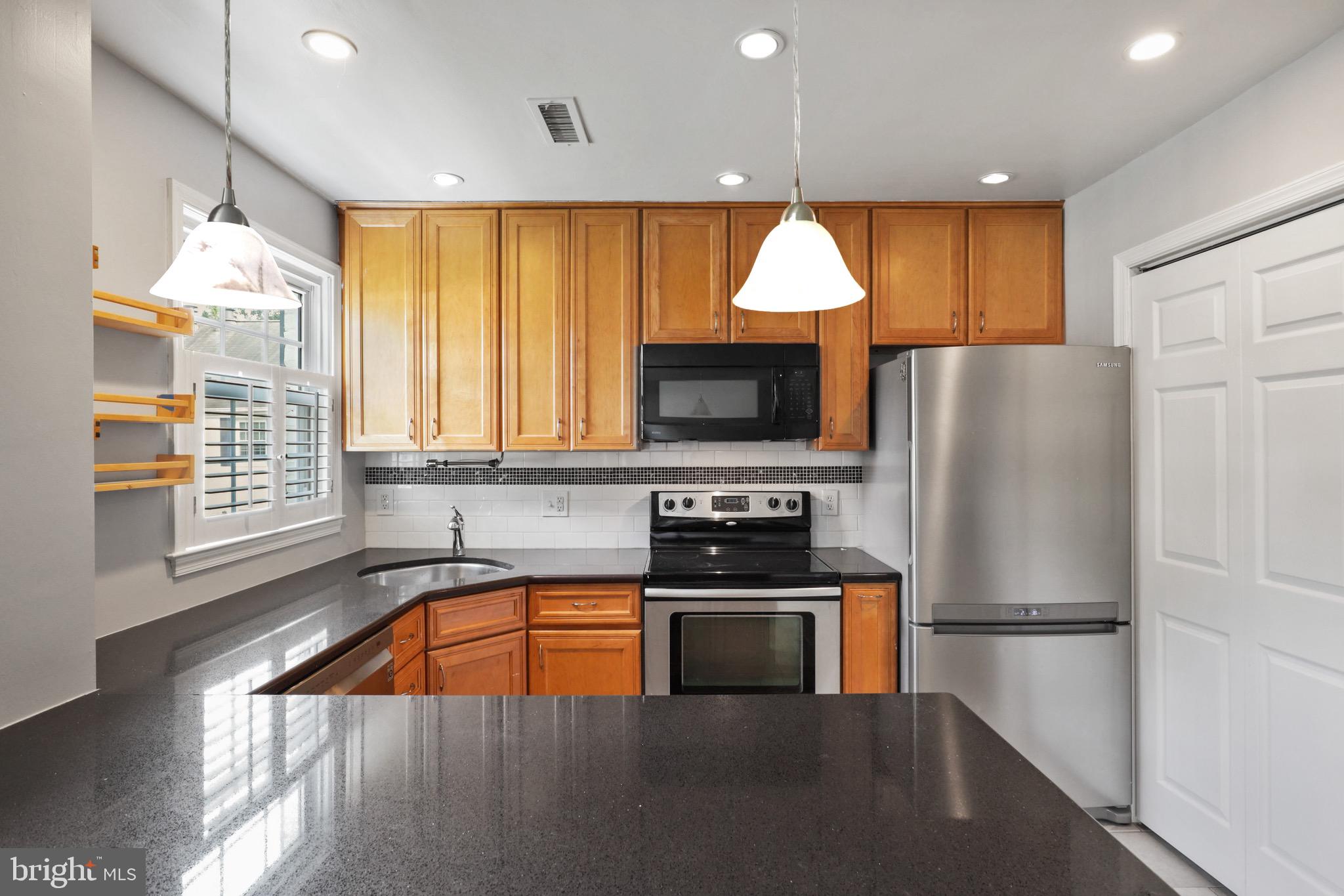 2912 13th Road South, Unit 204 Arlington, VA 22204 - Photo 13 of 32 a kitchen with a refrigerator a microwave oven a sink and a dining table with wooden floor