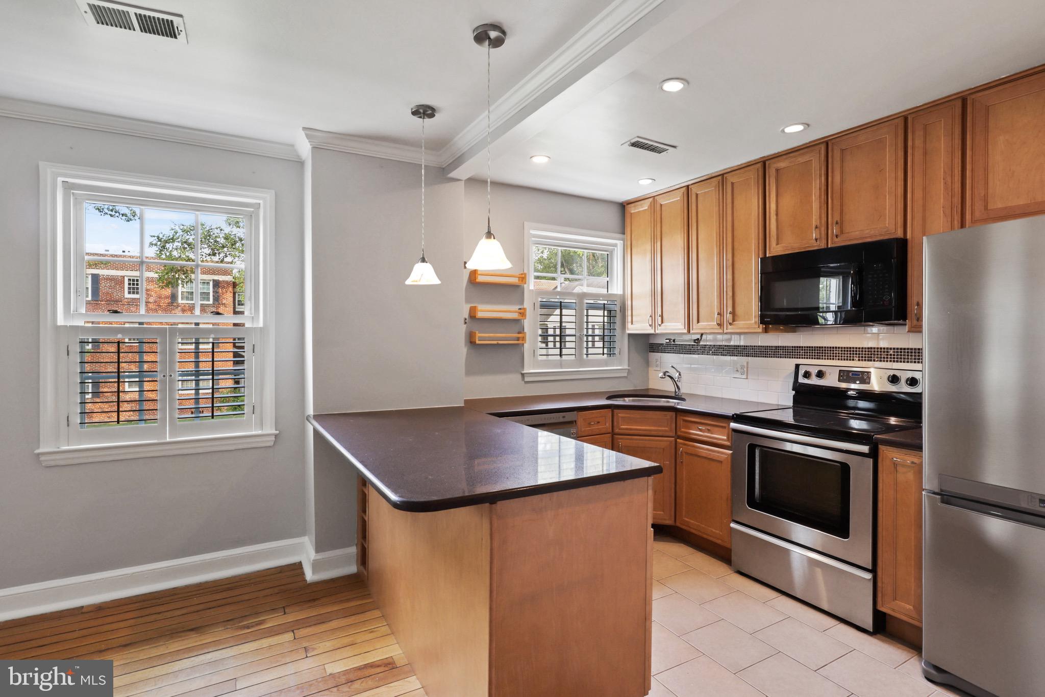 2912 13th Road South, Unit 204 Arlington, VA 22204 - Photo 22 of 32 a kitchen with stainless steel appliances granite countertop a stove a sink and a microwave