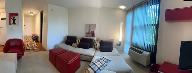 a living room with furniture rug and wooden floor