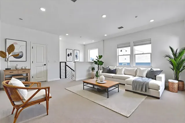 a living room with furniture and a potted plant