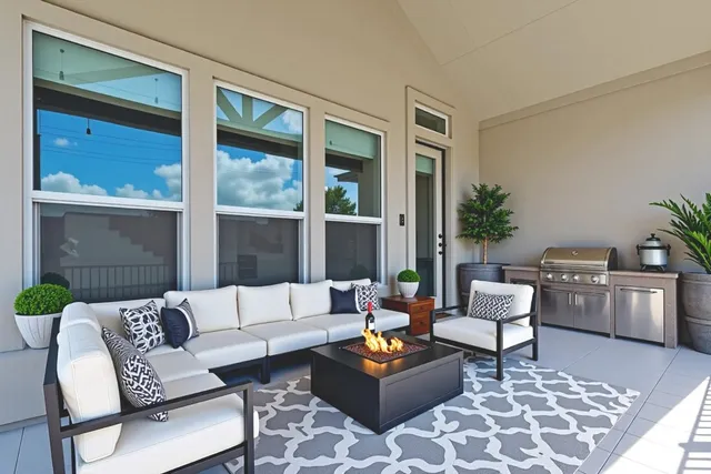 a living room with furniture and windows
