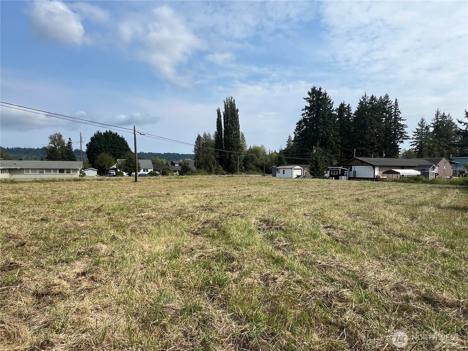 a view of a field with an trees in the background