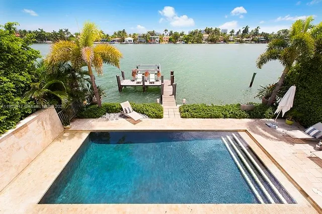 a view of a lake with houses in the back