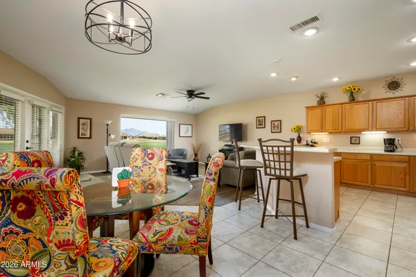 a view of a dining room with furniture