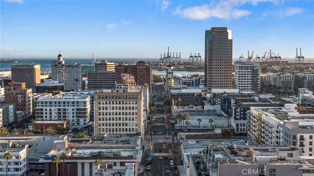 a city view with tall buildings
