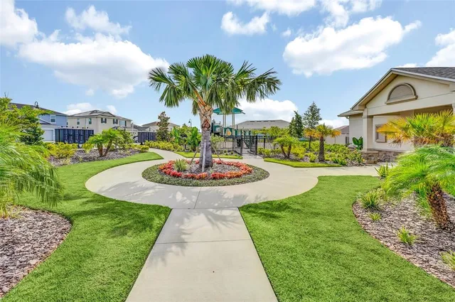 a view of a park with slide