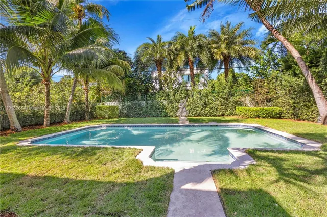 a view of a swimming pool with a yard