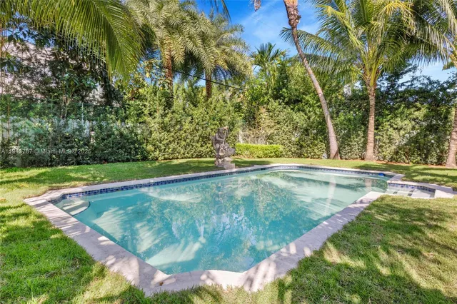 a view of a swimming pool with a yard