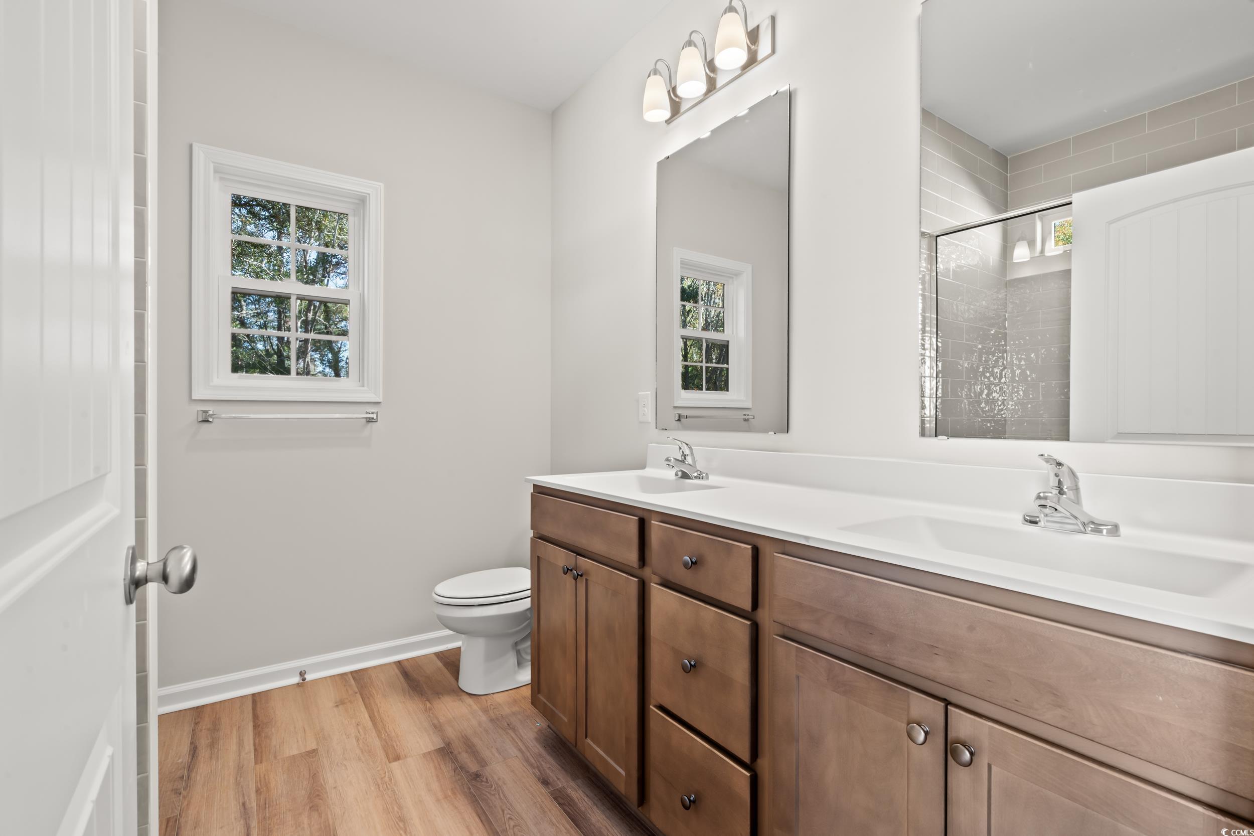2315 Withers Street Georgetown, SC 29440 - Photo 14 of 29 Bathroom with light wood-type flooring, double vanity, and a shower stall