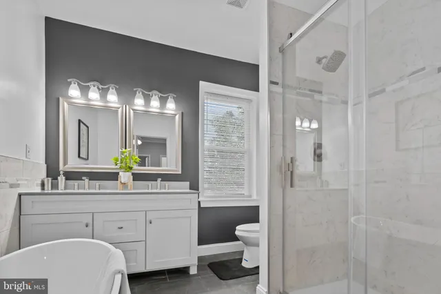 a bathroom with a double vanity sink a toilet a shower and a mirror