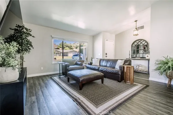 a living room with furniture and a potted plant