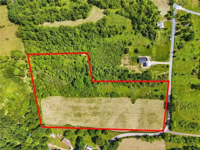 an aerial view of residential houses with outdoor space and trees