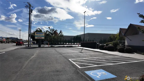a view of a building with a street