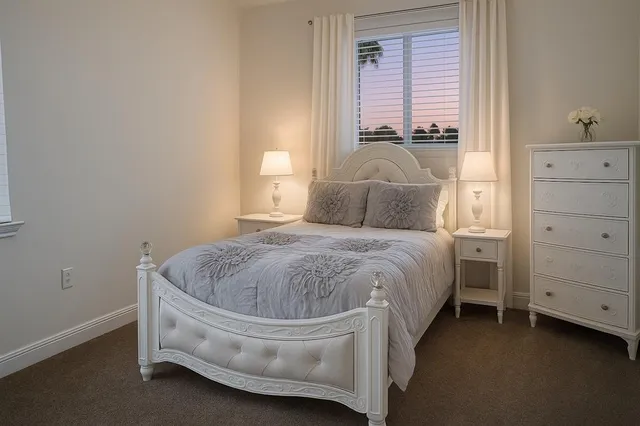 a large bed sitting in a bedroom next to a lamp