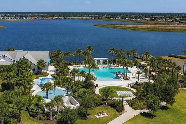 swimming pool view with a garden space