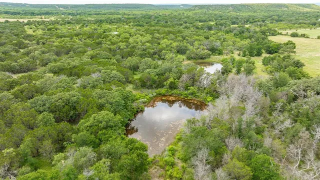 an aerial view of residential houses with outdoor space and trees