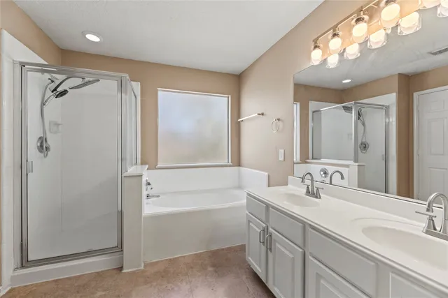 a bathroom with a bathtub shower sink vanity and mirror