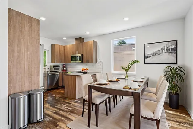 a view of a dining room with furniture