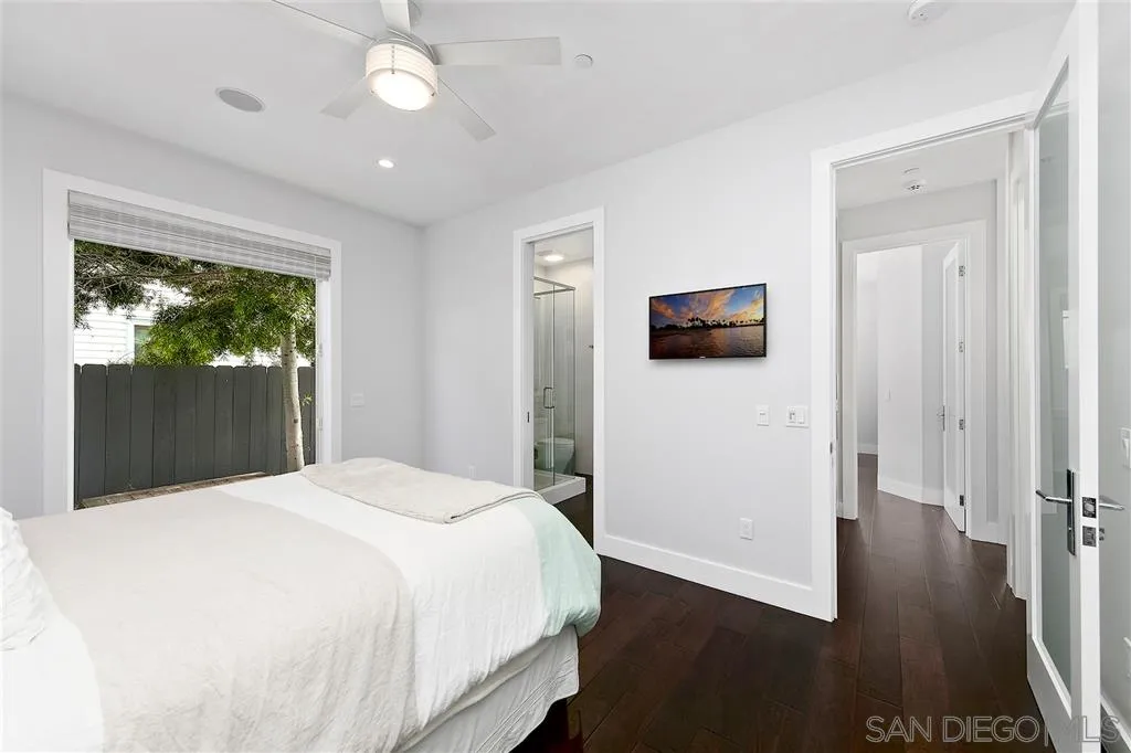 139 27th Street Del Mar, CA 92014 - Photo 16 of 25 a bedroom with a bed and a flat tv screen on dresser
