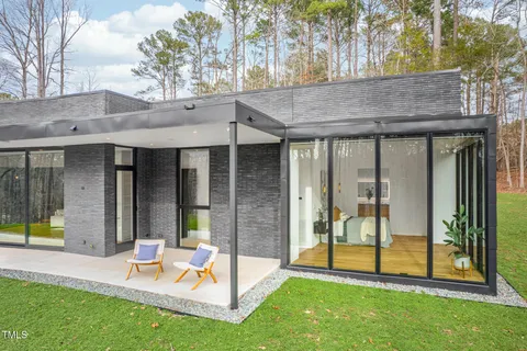 a garden view with a seating space