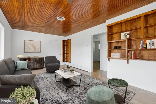 a living room with furniture potted plant and a table