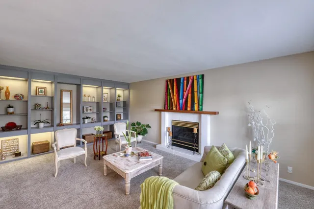a living room with furniture a fireplace and a floor to ceiling window