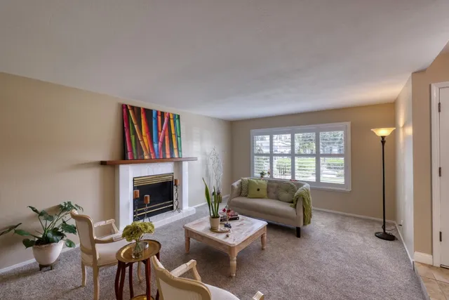 a living room with furniture and a fireplace