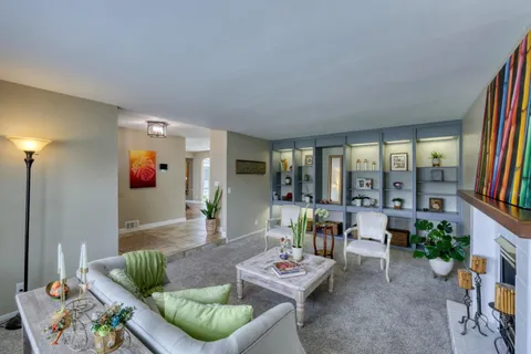 a living room with furniture and a potted plant