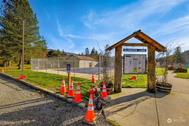 a view of a park with large trees