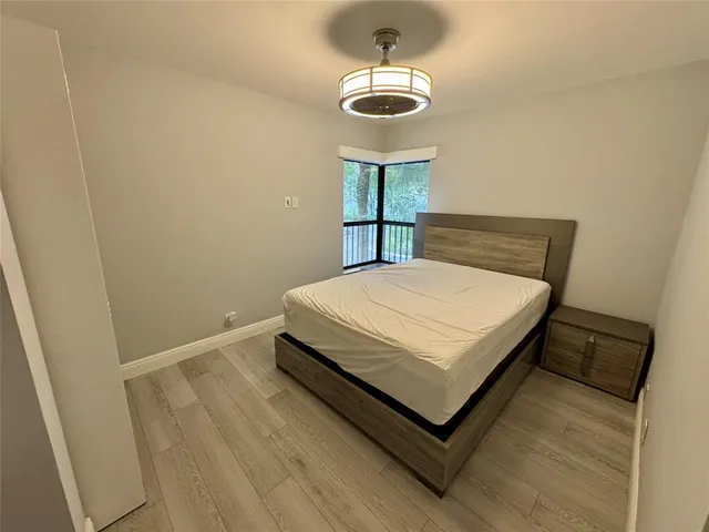 a bedroom with a bed and a night stand