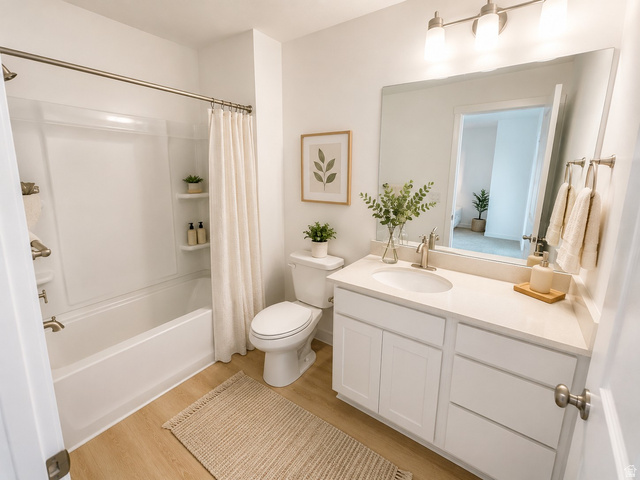 11014 South Lake Run Road, Unit 146 South Jordan, UT 84009 - Photo 13 of 22 Full bathroom featuring a white tub/shower combination with integrated shelving, a white single-sink vanity with cabinet and drawer storage, a light-colored countertop, and wood-finish flooring