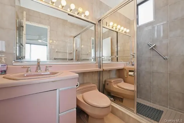 a bathroom with a toilet a sink a mirror a vanity and shower