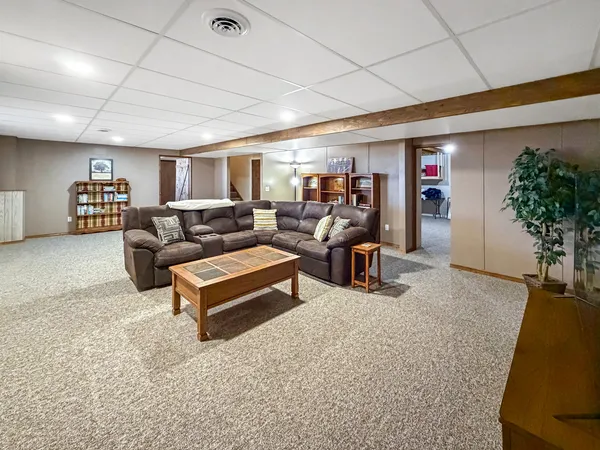 a living room with furniture gym equipment and a potted plant