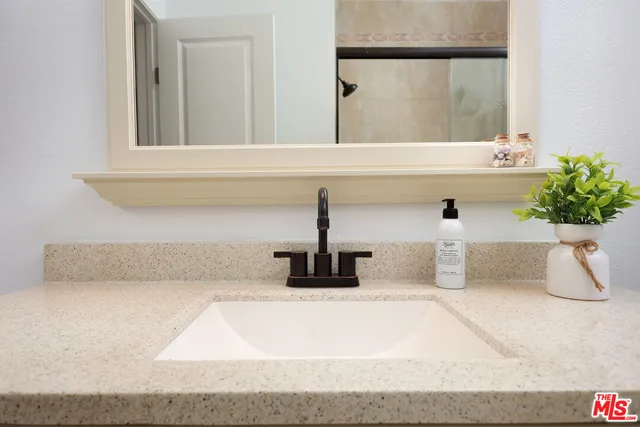 a kitchen with a sink and a potted plant