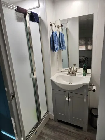 a bathroom with a sink a mirror a vanity and a shower