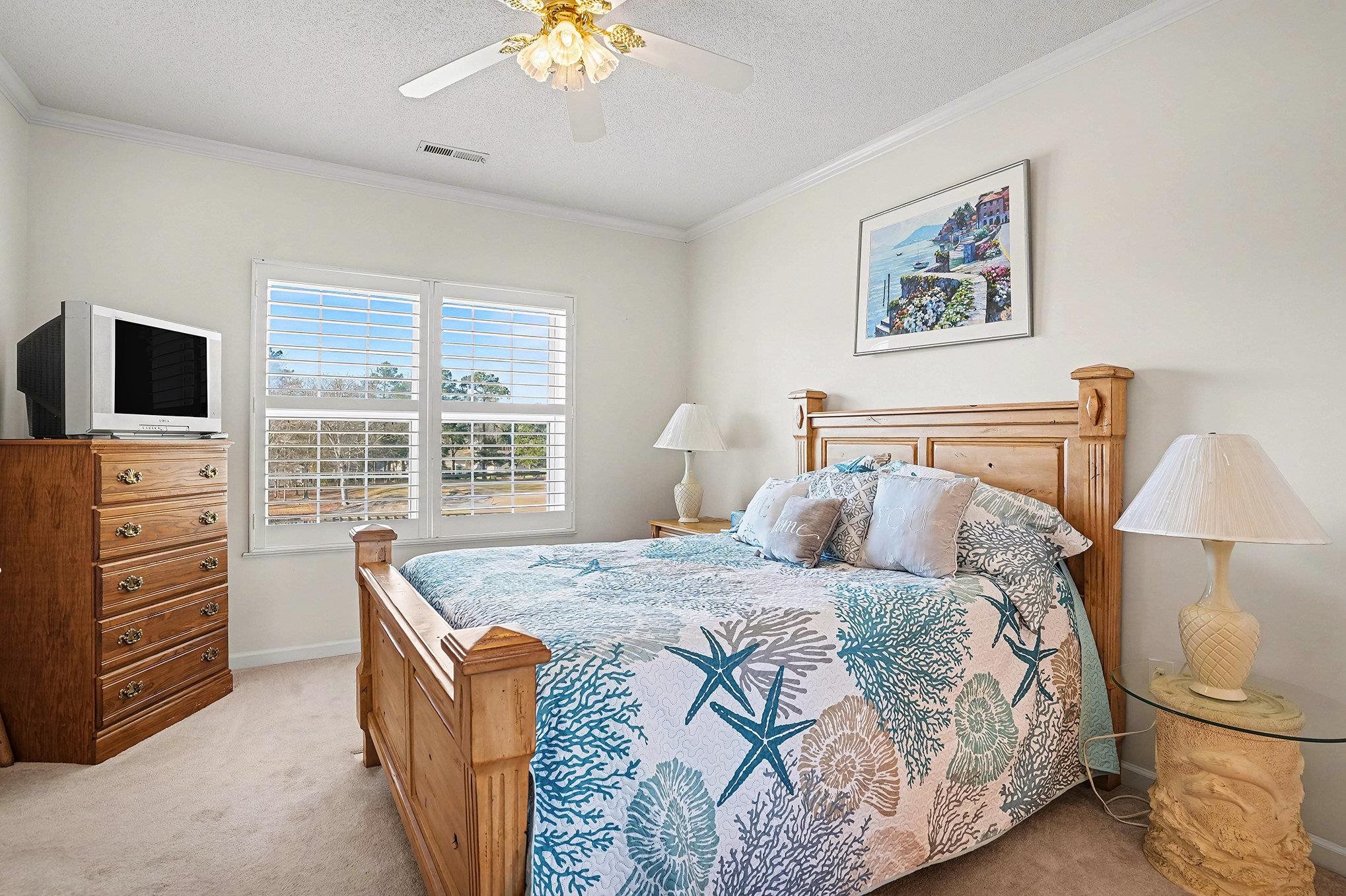 4429 Turtle Lane, Unit 3A Little River, SC 29566 - Photo 18 of 31 Bedroom featuring light colored carpet, a textured ceiling, ceiling fan, and crown molding